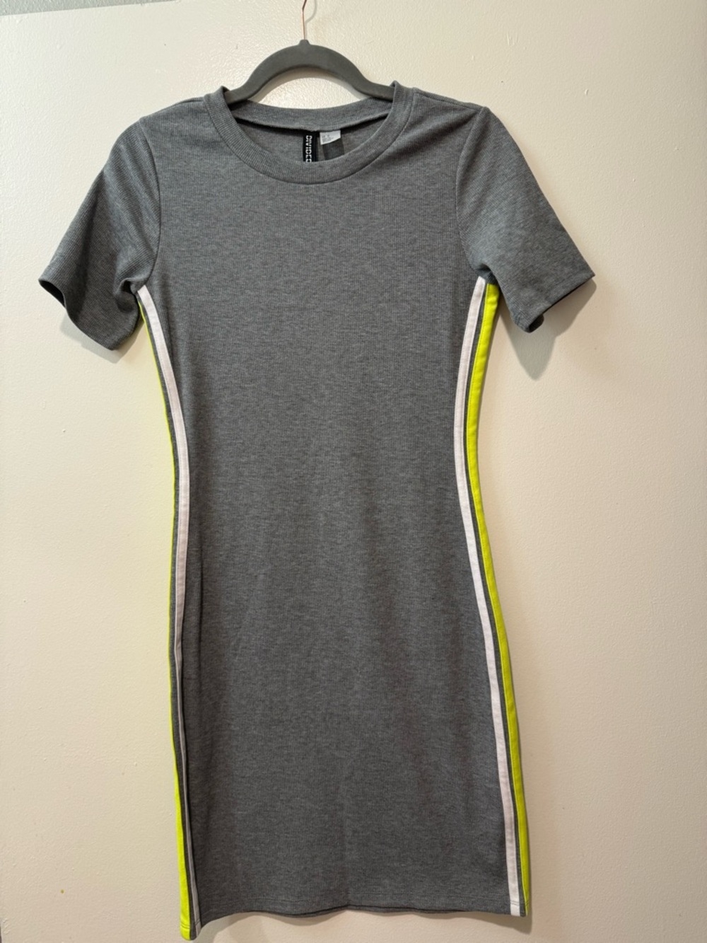 Divided Grey Mini Dress with Neon Yellow Side Stripes